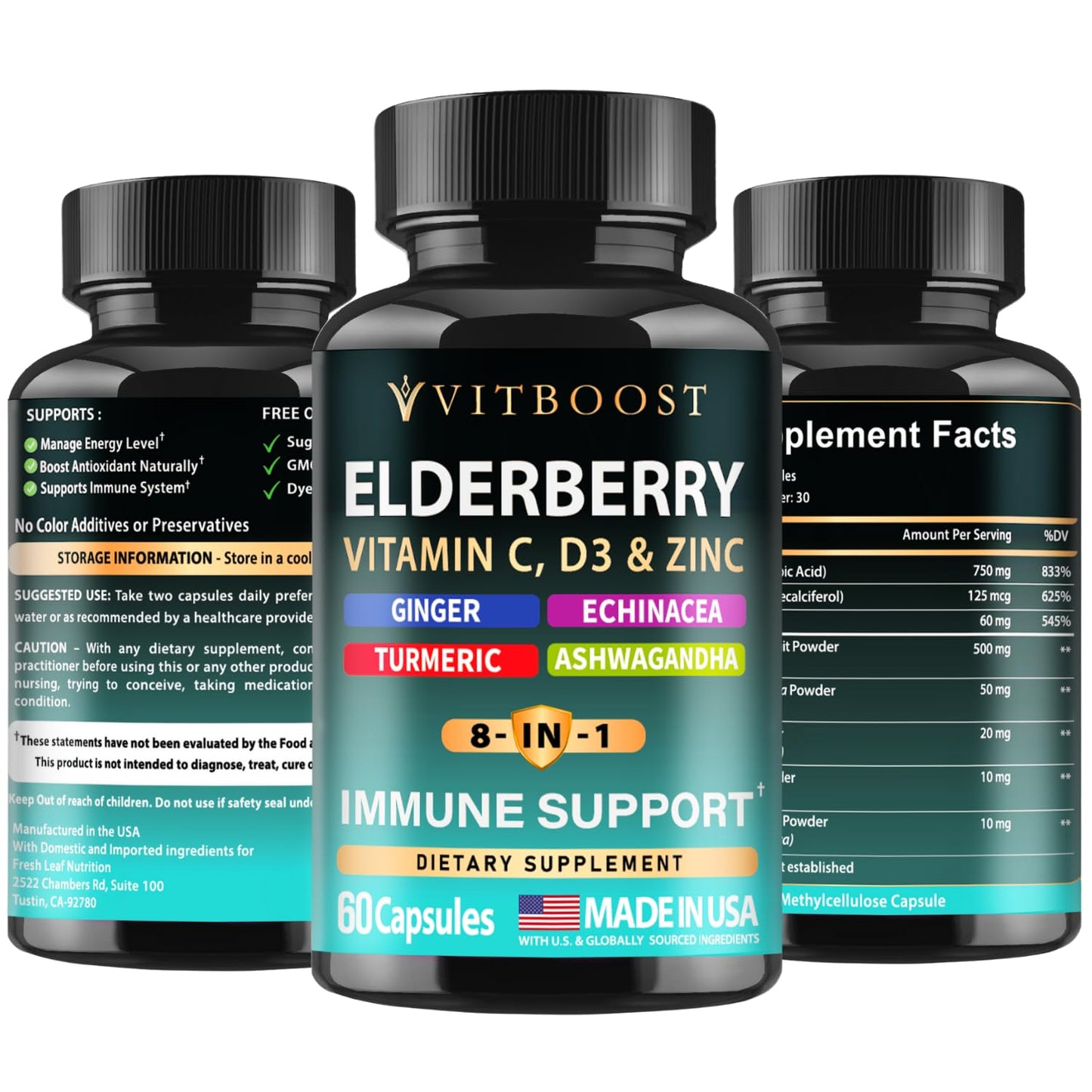 Elderberry Immune Support 8-in-1 Formula โ 60 Capsules with Vitamin C, D, Zinc & Echinacea