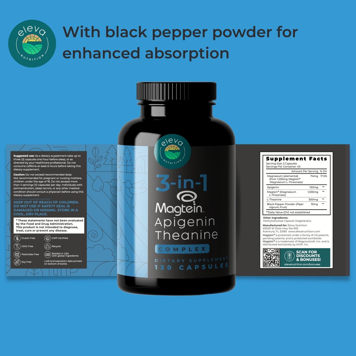 Eleva Nutrition Magnesium Theanine Apigenin Sleep Aid โ 3-in-1 Complex, Melatonin-Free, Gluten Free & Non-GMO, 120 Veggie Capsules