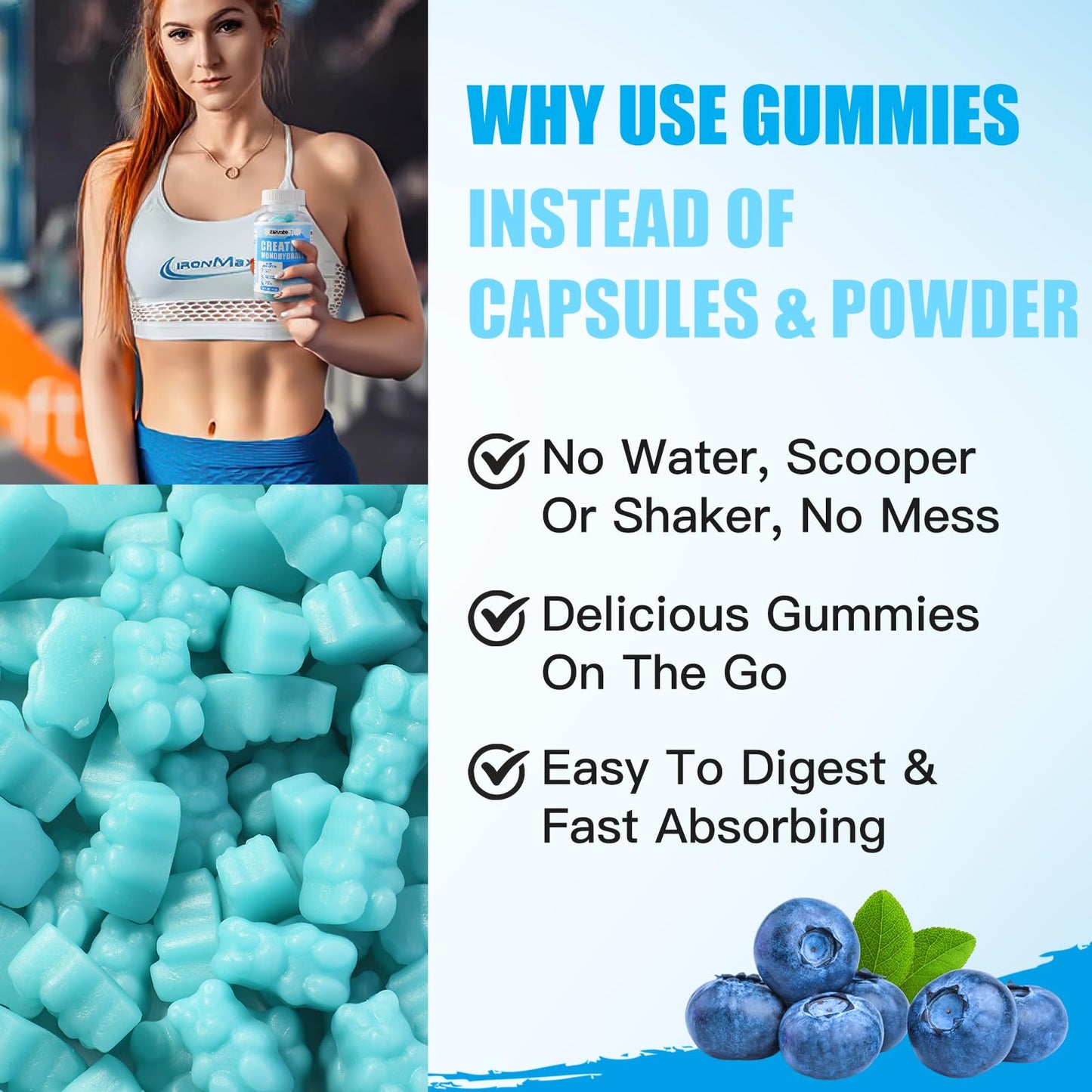 ElevateLife Creatine Monohydrate Gummies โ Muscle Strength & Energy (Blueberry, 90 Count)