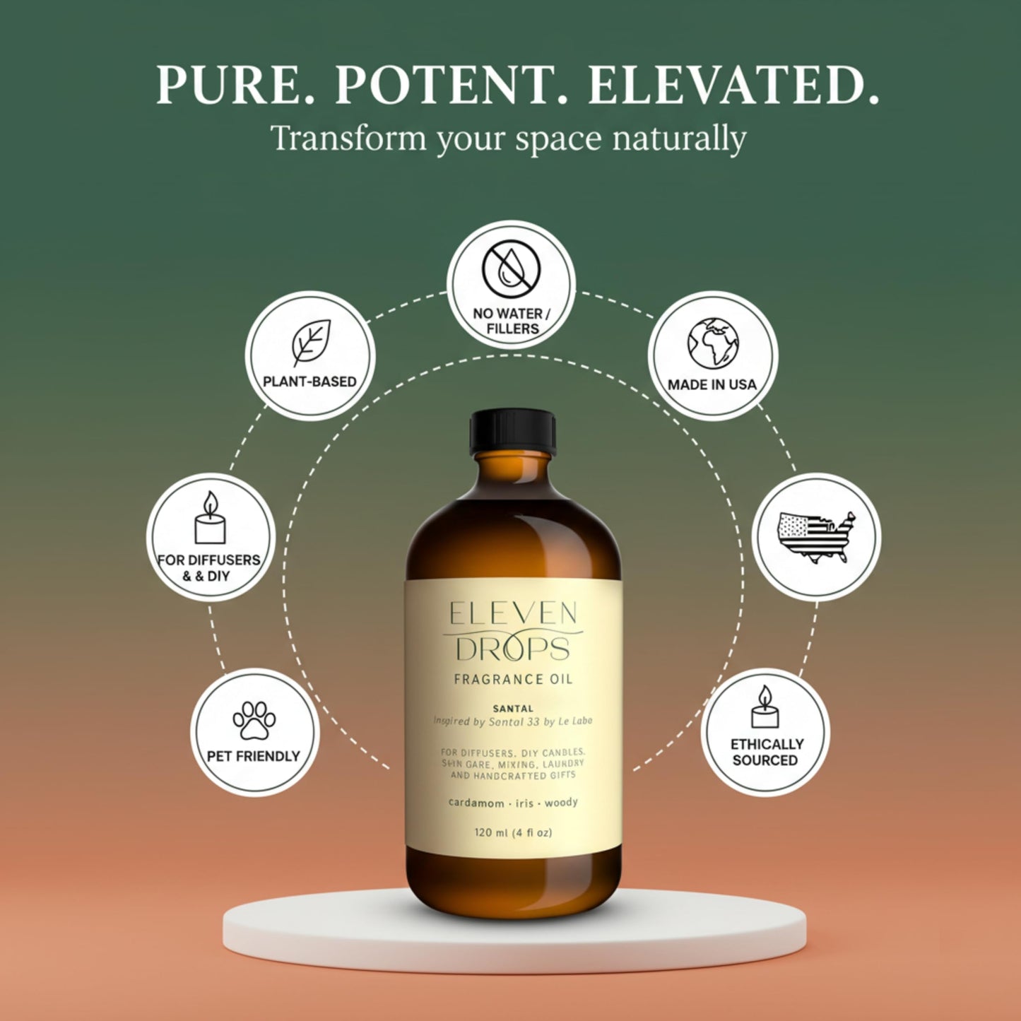 Santal Aroma Fragrance Oil – Eleven Drops | 4 fl oz, Made in USA, IFRA Compliant, Pet Friendly