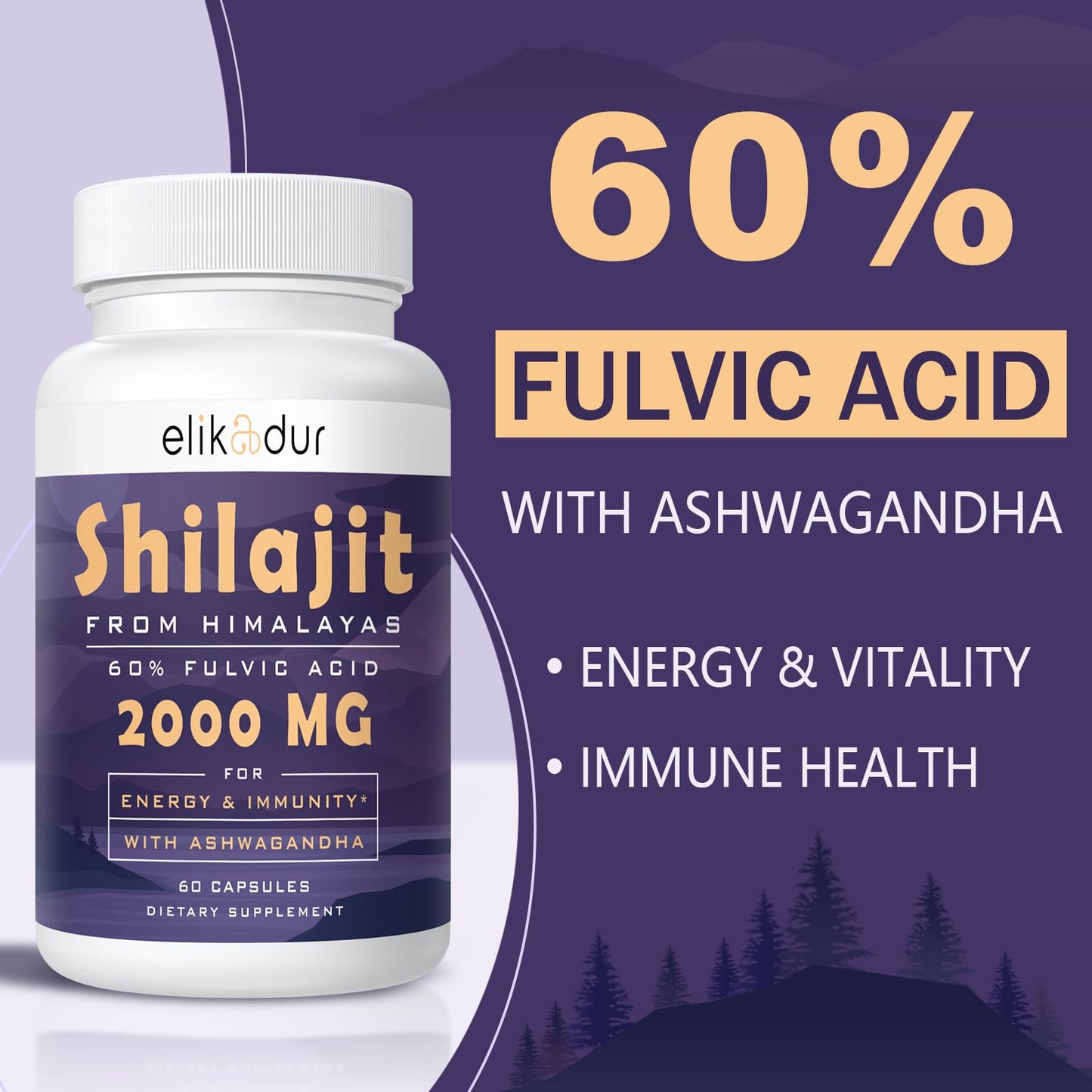 Elikadur 2000 mg Shilajit Supplement – 85+ Minerals, 60% Fulvic Acid, 120 Vegan Capsules