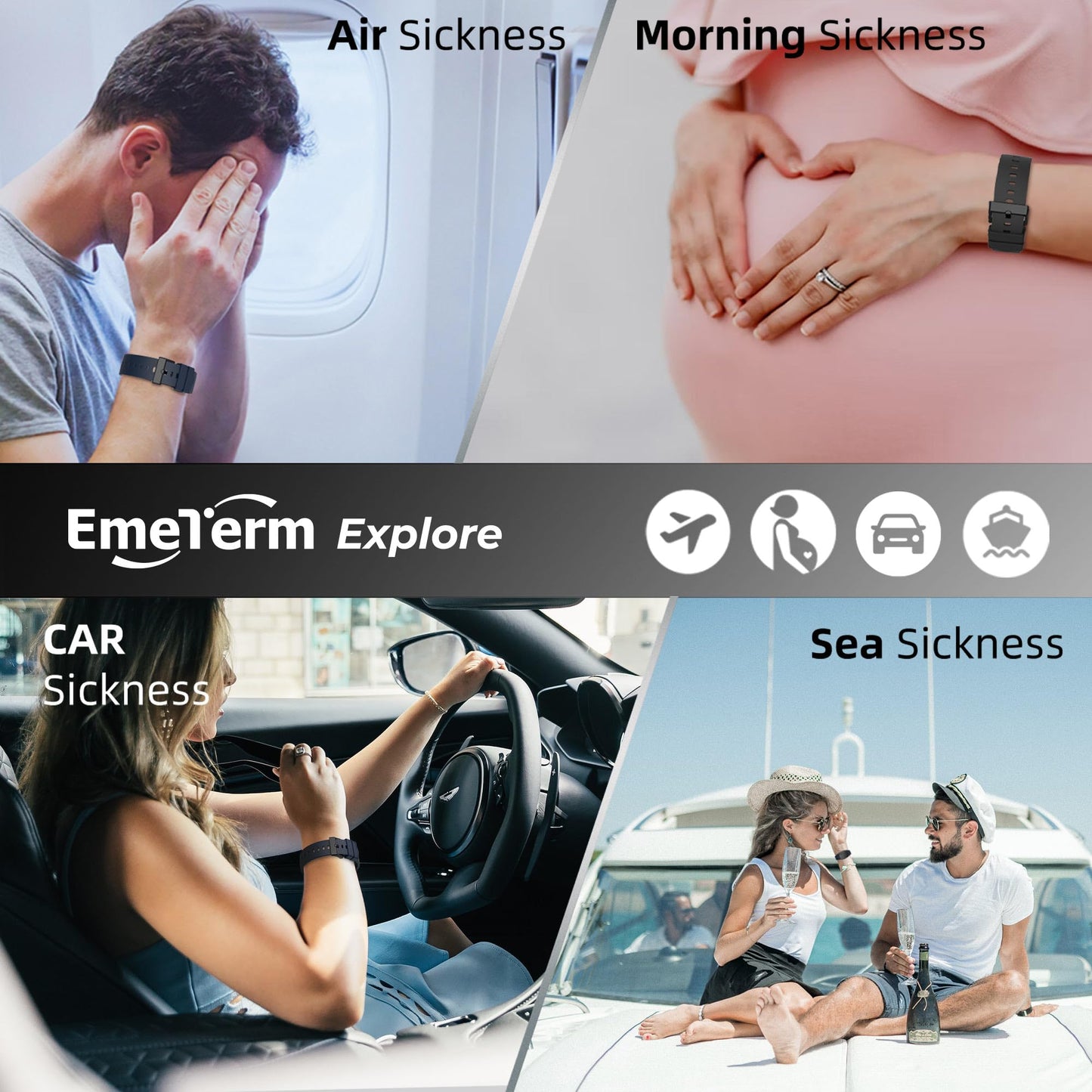 EmeTerm Explore FDA-Cleared Galaxy Black & Navy Blue Anti-Nausea Wristband | Waterproof, Rechargeable, Drug-Free (2 Pack)
