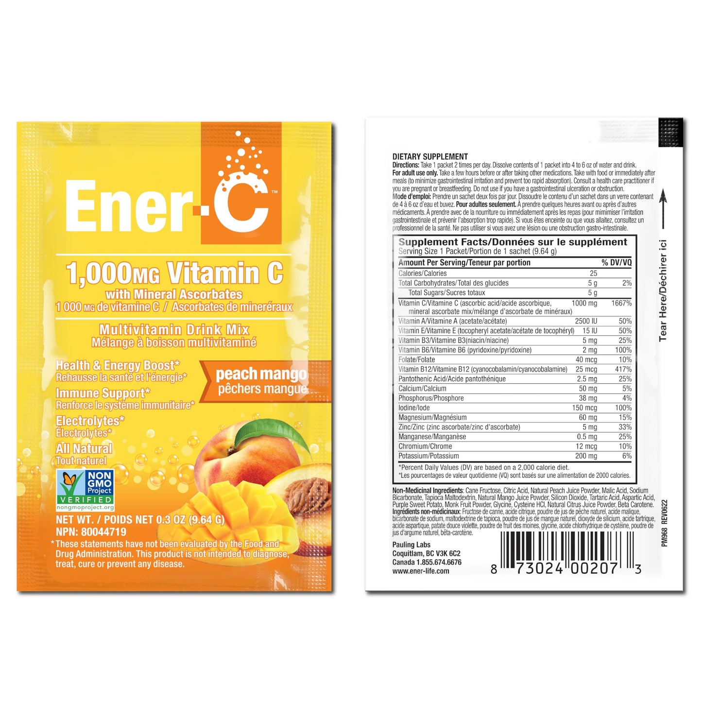 Ener-C Peach Mango Multivitamin Drink Mix โ Vitamin C 1000mg, Electrolytes, Immune Support