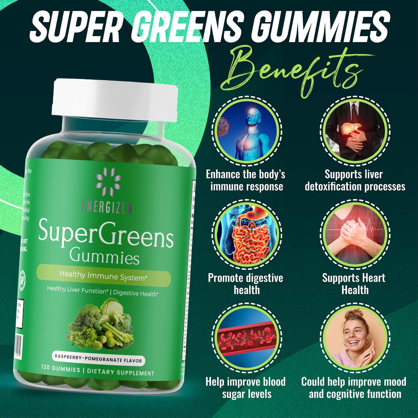 Energizen Green Superfood Gummies Plus โ Liver Support, Digestive Health & Immunity (Vegan, Non-GMO, Gluten-Free) โ Raspberry & Pomegranate, 120 Count