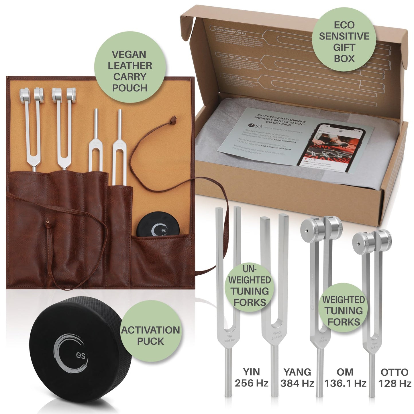 ENSO SENSORY Resonance Tuning Fork Set โ 128Hz, 136.1Hz, 256Hz, 384Hz for Stress, Sleep & Chakra Balance