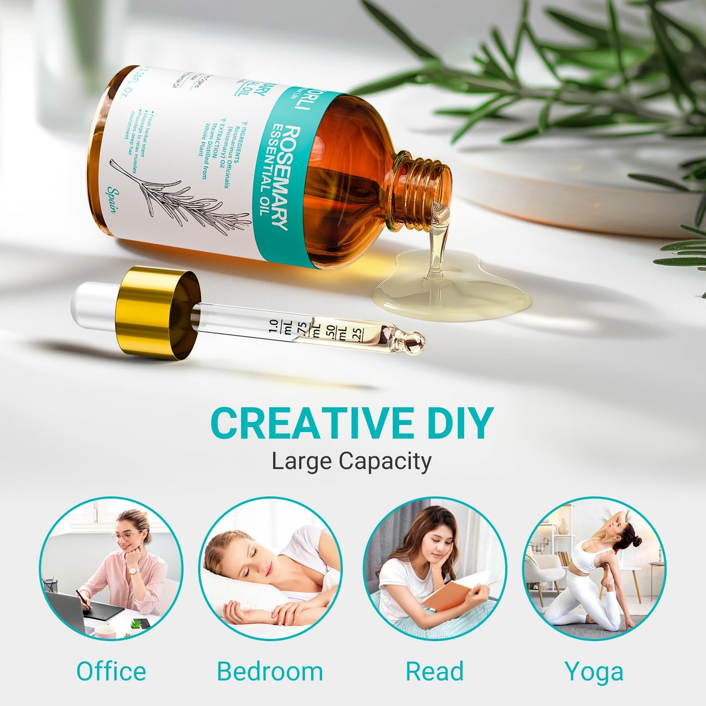ENYORLI Rosemary Oil 3.38 fl oz โ 100% Natural Essential Oil for Hair, Skin, Diffusers & Aromatherapy