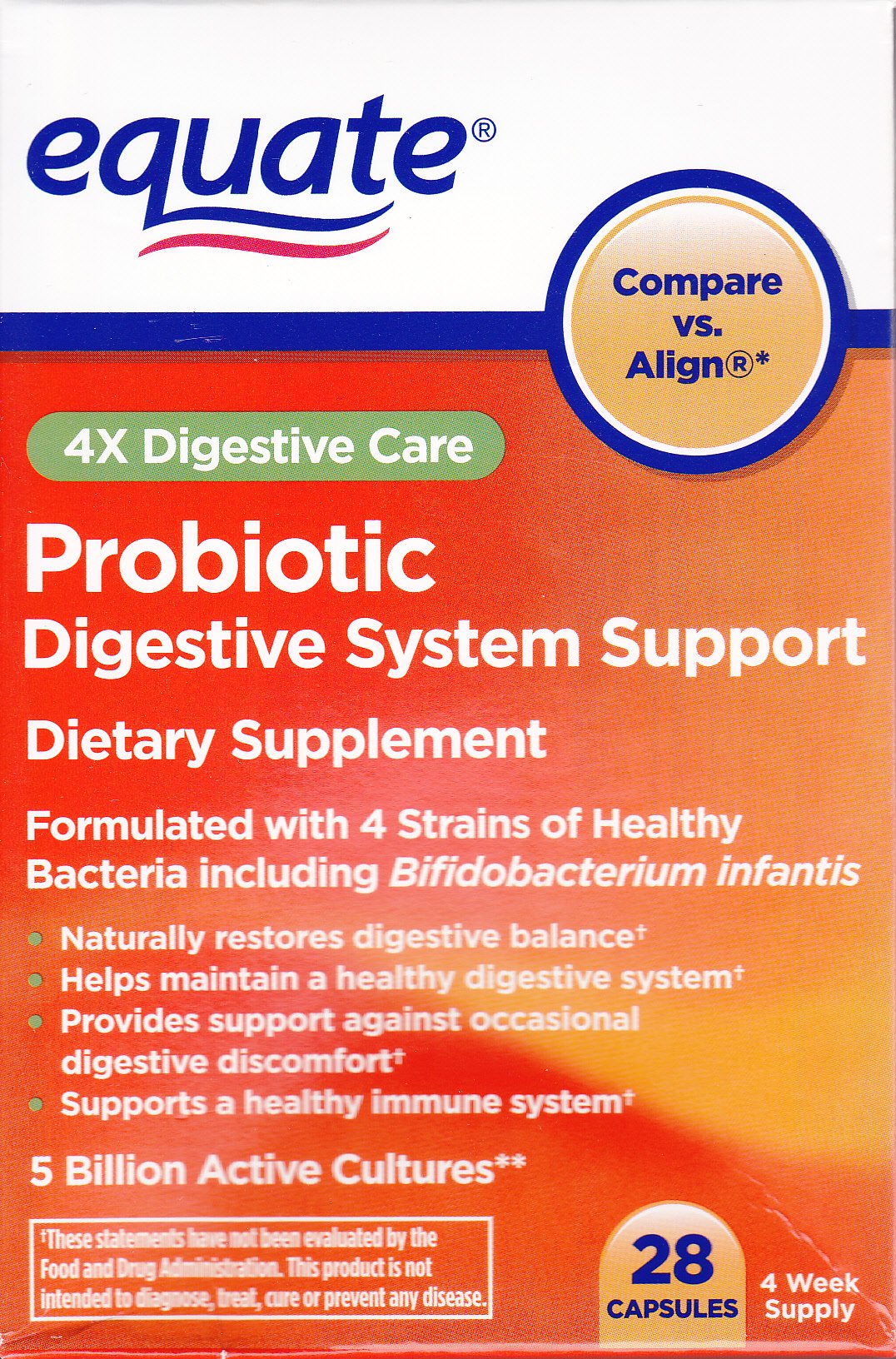 Equate Probiotic Digestive Support - 28 Capsules | 4X Digestive Care (Compare vs Align)