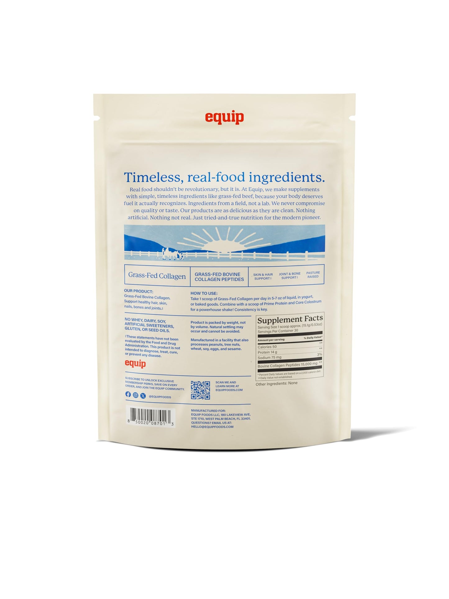 Equip Foods Grass Fed Collagen Powder โ Unflavored, 30 Servings, Non-GMO