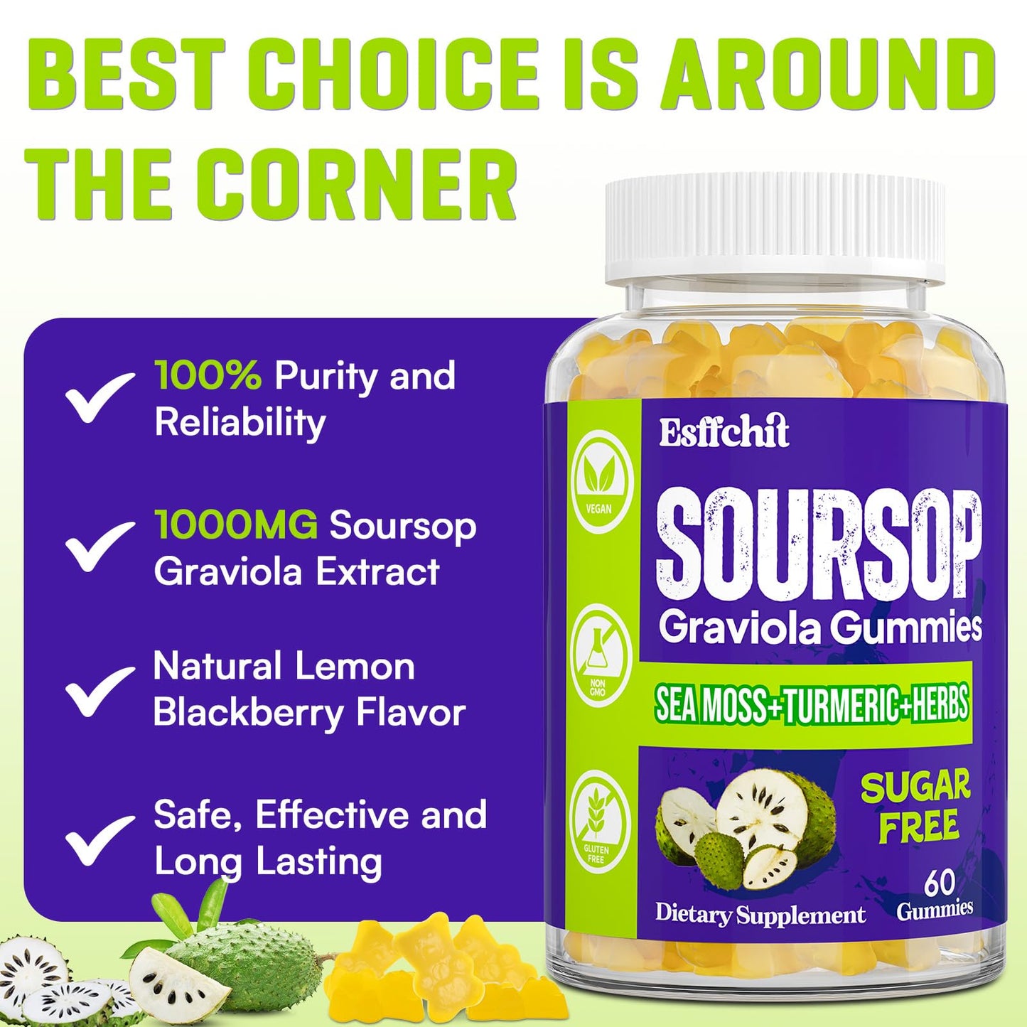 Esffchit Soursop Graviola Gummies with Sea Moss & Turmeric โ 60 Count, Vegan