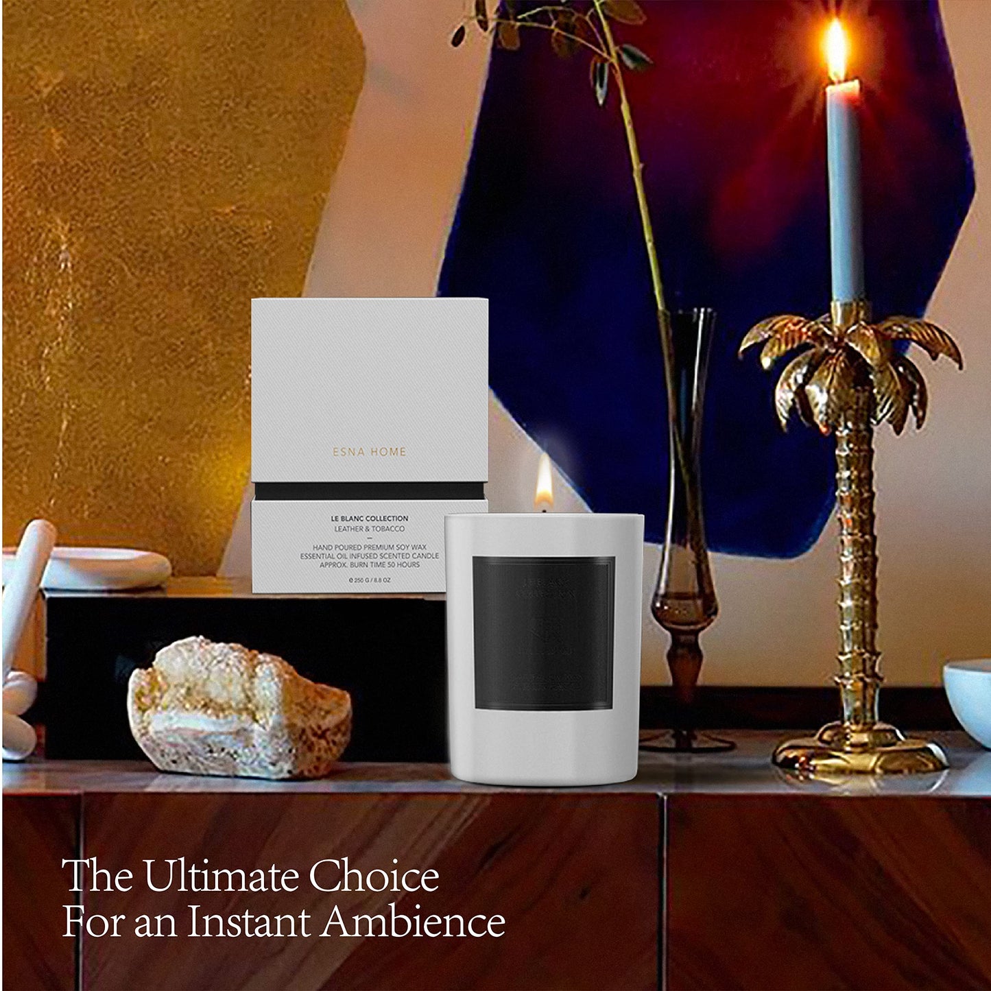 ESNA HOME Lavender Scented Aromatherapy Candle β All-Natural Soy Wax, Leather & Tobac, 8.8oz, 50h Burn