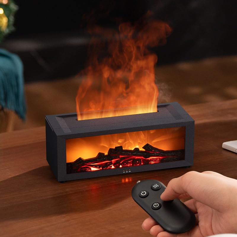 Essential Oil Diffuser Fireplace Flame โ 7-Color LED, 150ml, Remote, Quiet Humidifier for Bedroom & Home Office | Fireplace Black