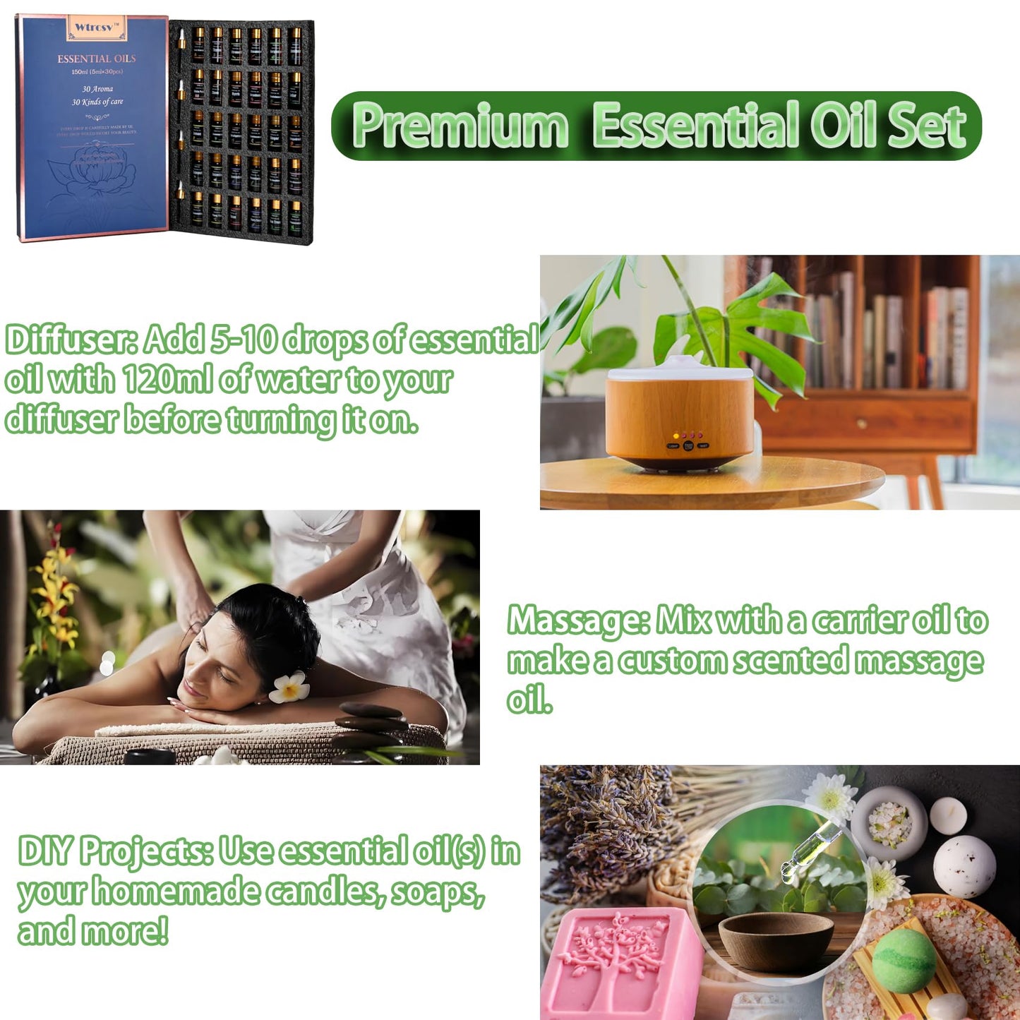 Wtrcsv Essential Oils Set 30x5 ml โ Diffuser, Aromatherapy & DIY