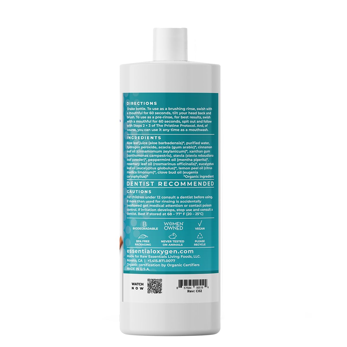 Essential Oxygen Cinnamint Mouthwash โ 32 oz, Alcohol-Free Brushing Rinse