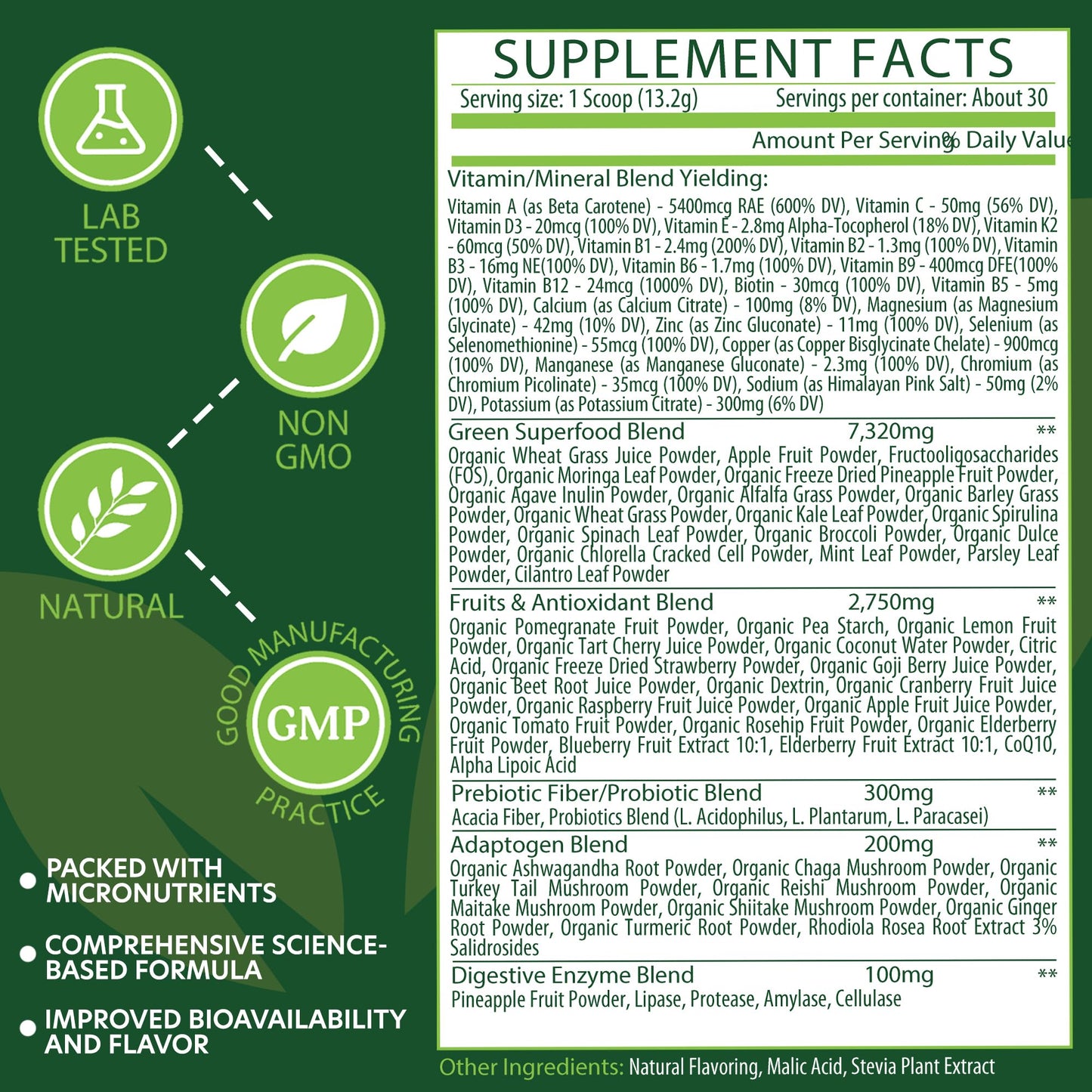 ETANATURE 50 Super Greens Powder - Vegan, Non-GMO Greens Superfood (30 Servings)