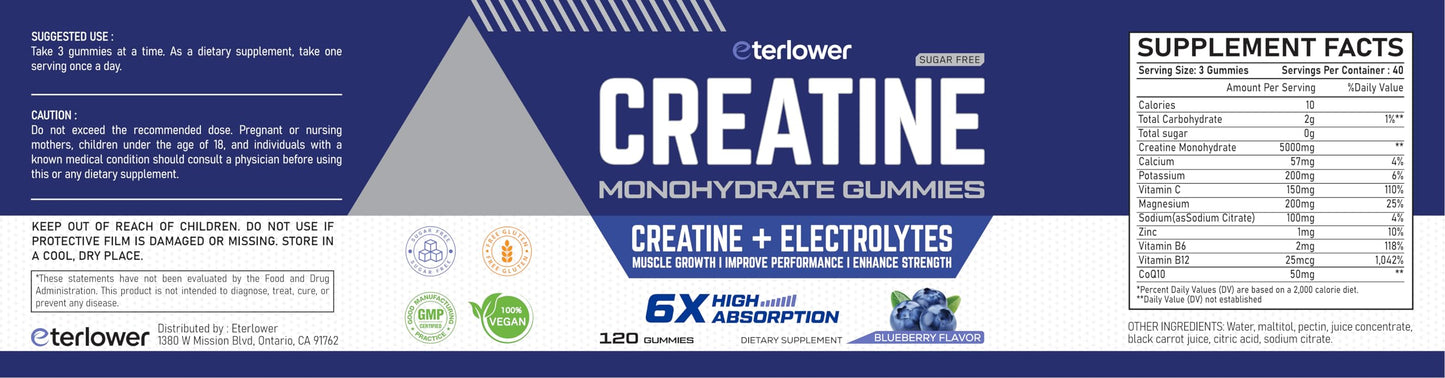 eterlower Creatine Monohydrate Gummies 5g โ Blueberry, Sugar Free & Vegan | 120 Count