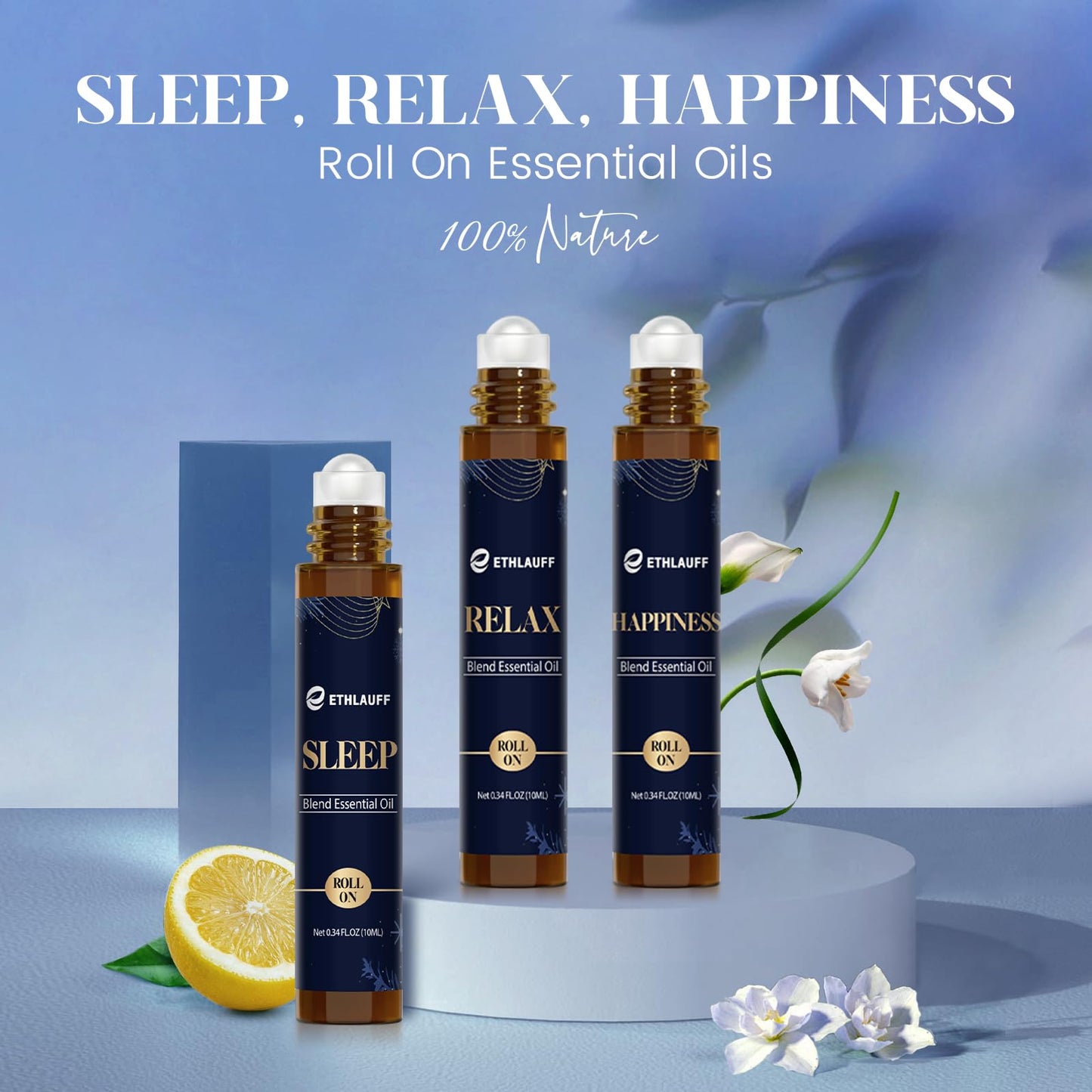 Ethlauff Essential Oil Roller Set: Sleep, Relax, Happiness โ Aromatherapy Roll-On Gift