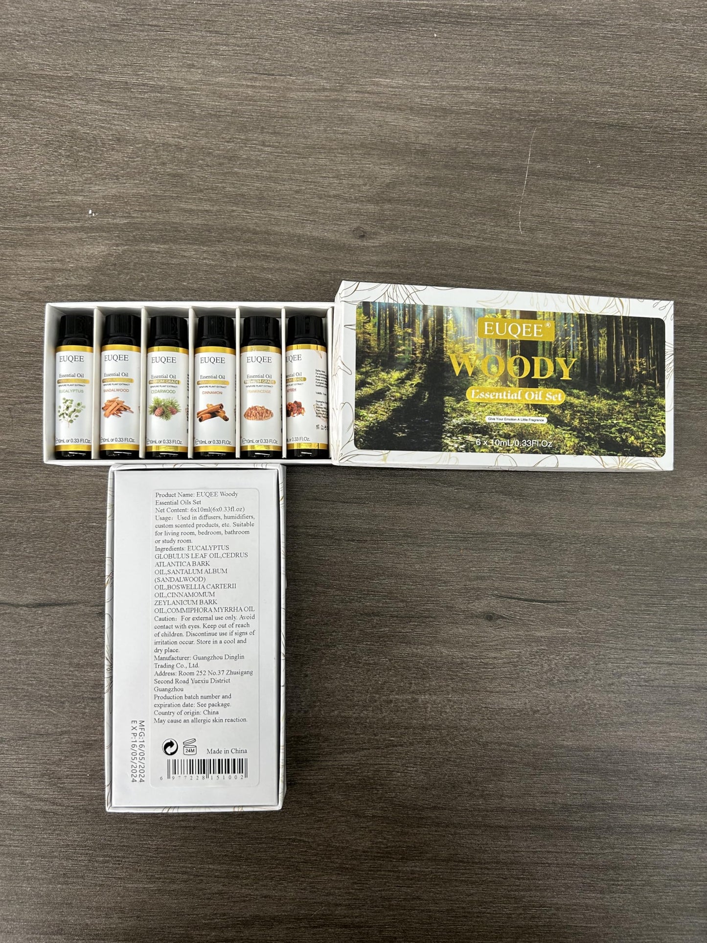 EUQEE 10ml Woody Essential Oils Set โ Pure & Natural Aromatherapy (Eucalyptus, Cedarwood, Sandalwood, Frankincense, Cinnamon, Myrrh)