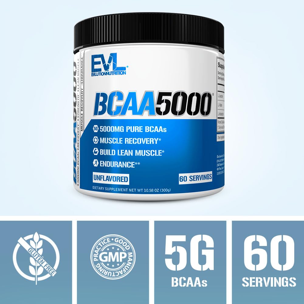 EVL BCAA5000 Amino Acids Powder โ Stim-Free Pre & Post Workout Recovery (Unflavored, 5g)