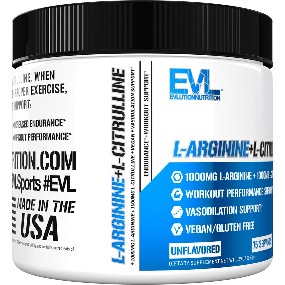 Evlution Nutrition L-Arginine + L-Citrulline โ Endurance & NO Support (2000mg) โ Vegan, Gluten Free | 75 Servings