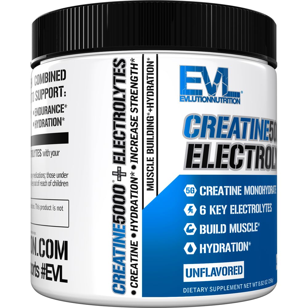 Evlution Nutrition Creatine 5000 + Electrolytes โ 5g Creatine Monohydrate + 6 Electrolytes per Serving, 40 Servings, Unflavored