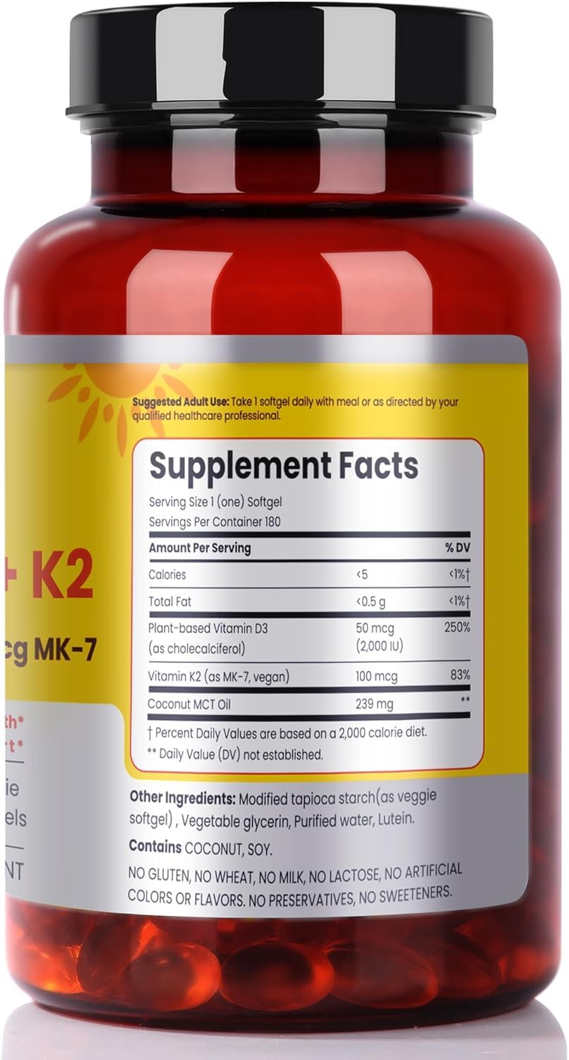 FAMILI+ Vegan Vitamin D3 + K2 Softgels (2000 IU D3, 100 mcg MK-7) with Coconut MCT โ 180 Days