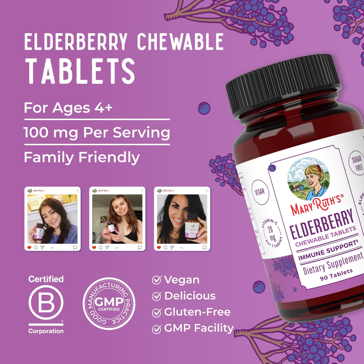 MaryRuth Organics Elderberry Vitamin C Chewable Tablets โ Immune Support โ 90 Servings โ Gluten Free | Non-GMO