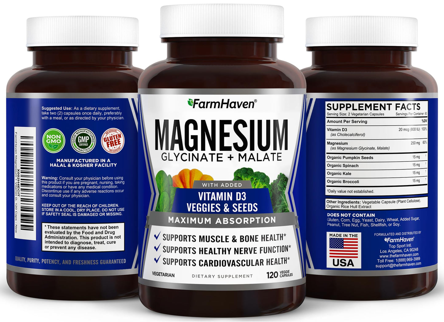FarmHaven Magnesium Complex โ Chelated Glycinate + D3, 120 Caps