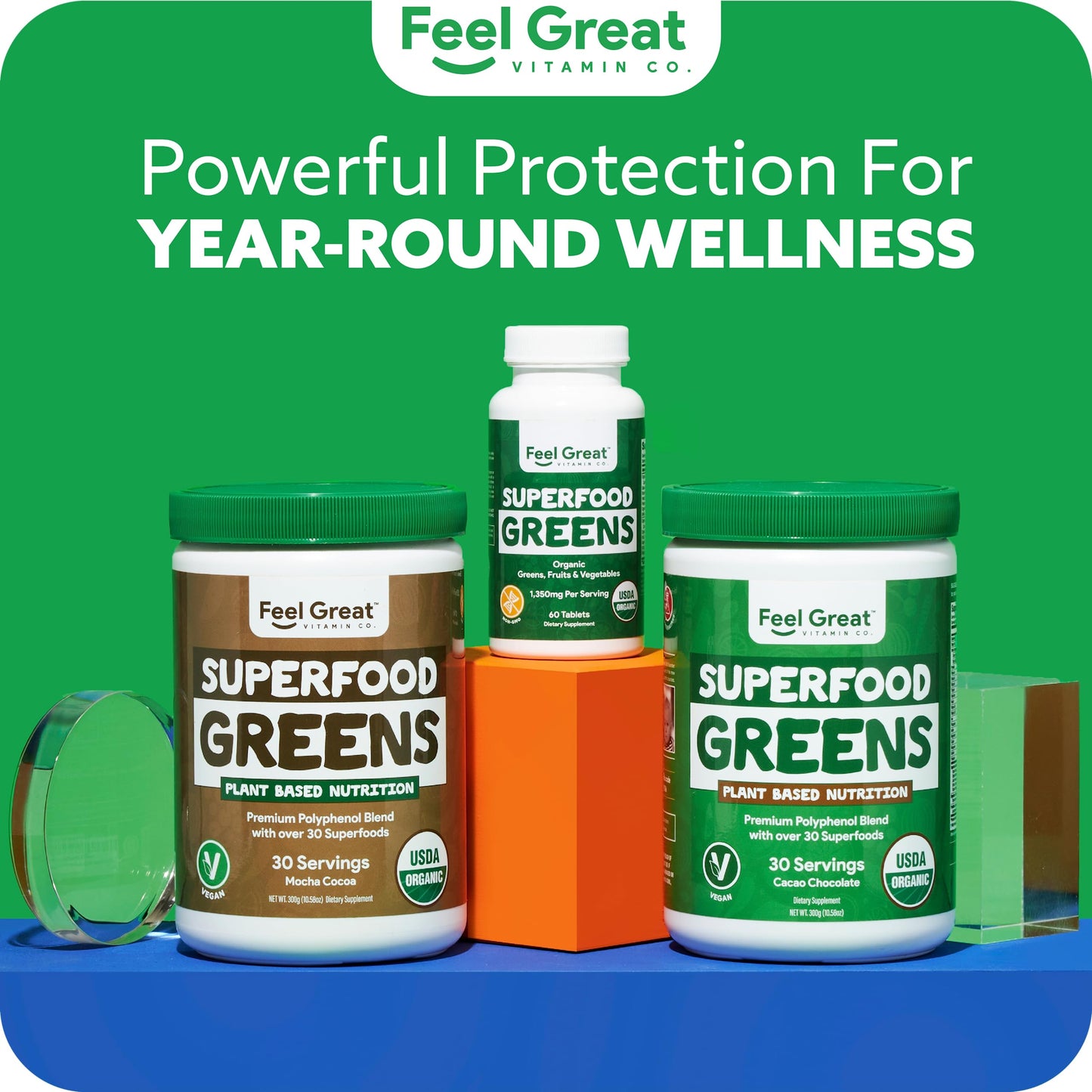 Feel Great Vitamins Super Greens Tablets โ Organic Greens, Fruits & Veggies | 60 Tablets