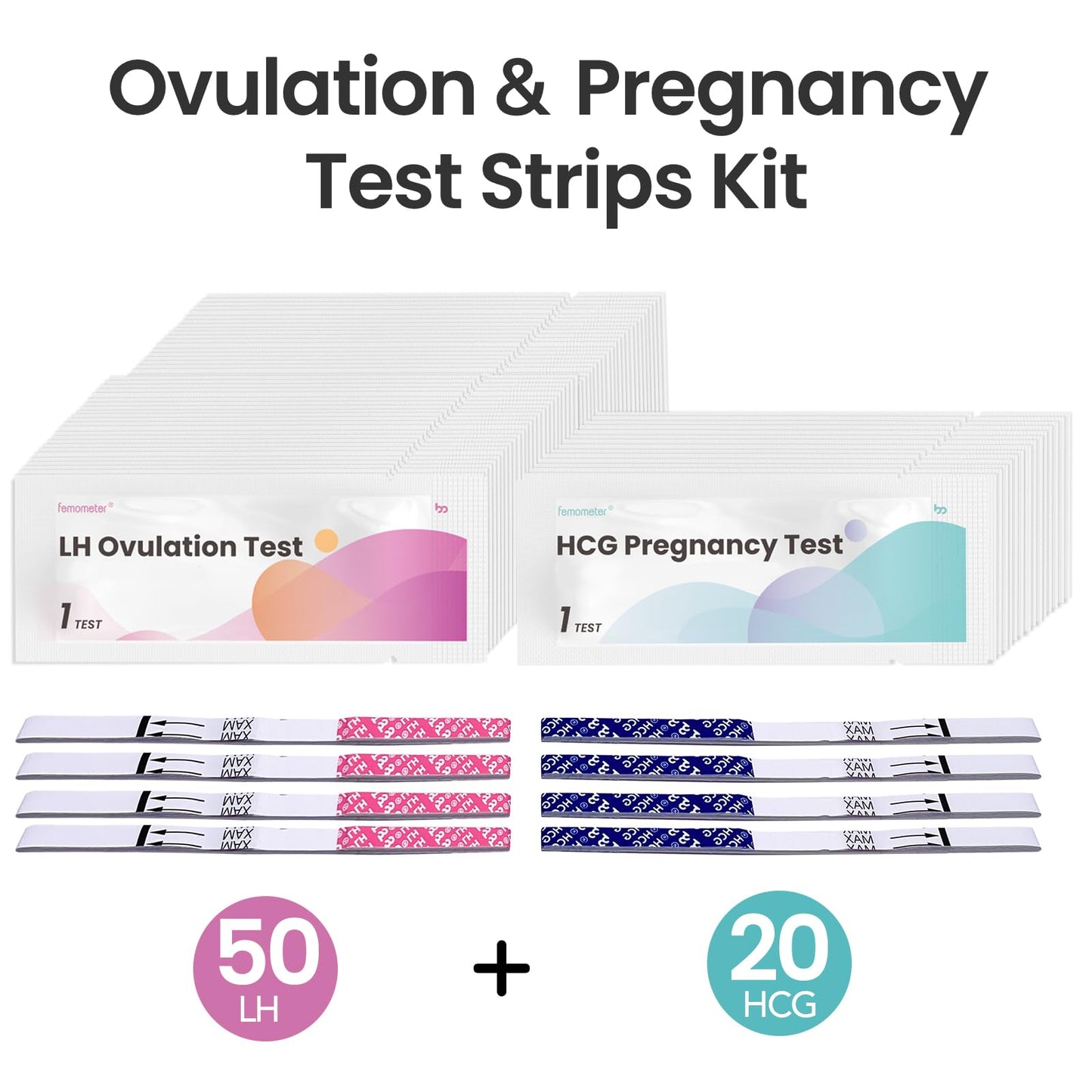 Femometer Home LH & HCG Test Strip Kit โ 50 Ovulation, 20 Pregnancy Strips, 99% Accurate