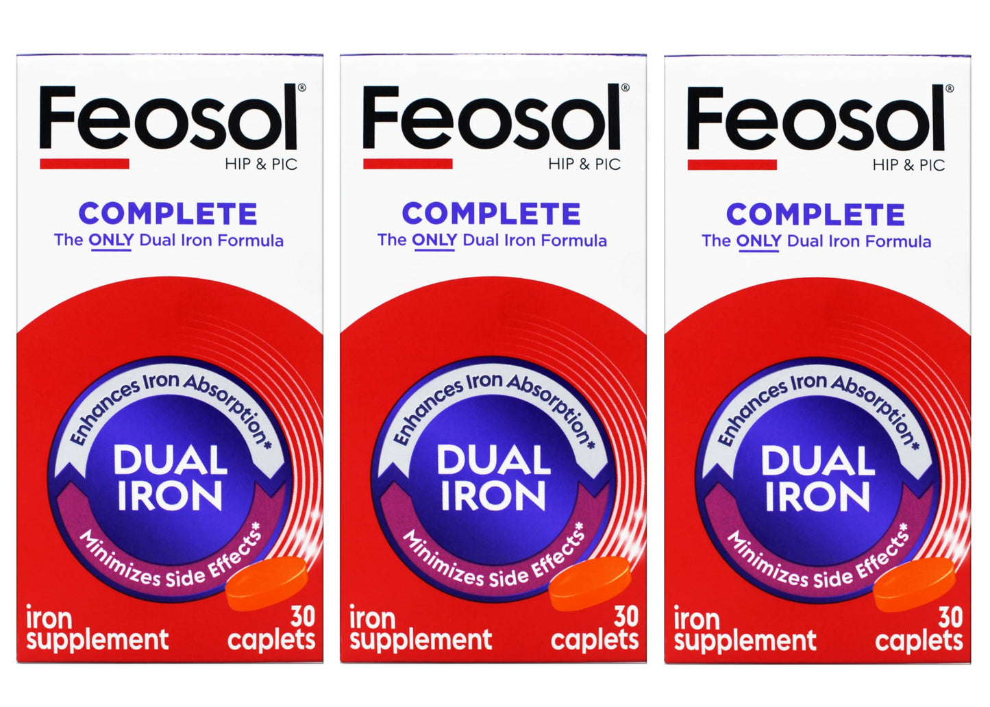 Feosol Complete Iron Supplement โ Bifera HIP & PIC, 30 Caplets, Pack of 3