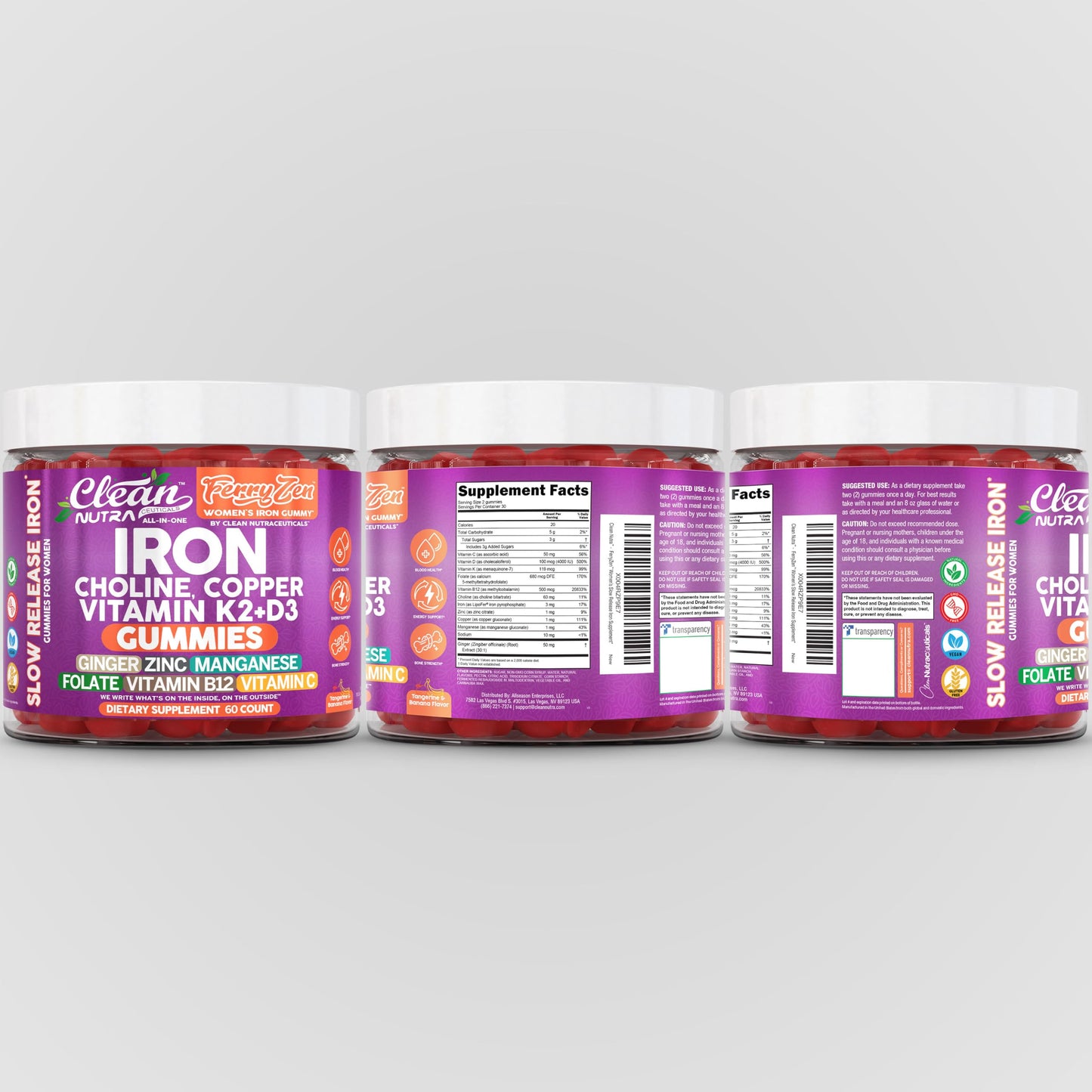 Clean Nutra FerryZen Iron Gummies for Women โ Vegan, Slow-Release Iron with Choline, Copper, Vitamins K2 and D3 (60 Count)