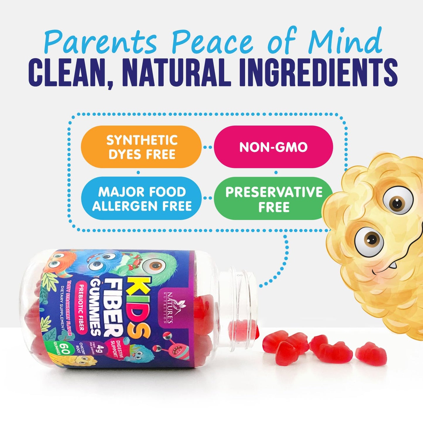 Fiber Gummies for Kids โ 4g Daily Prebiotic Fiber (Plant-Based, Non-GMO) โ 60 Gummies