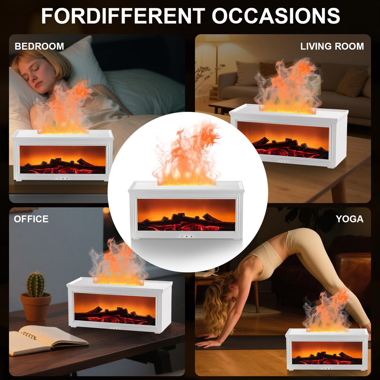 Fireplace Essential Oil Diffuser Humidifier โ Ultrasonic Aroma with 7-Color Flame, Remote & Auto-Off (White)