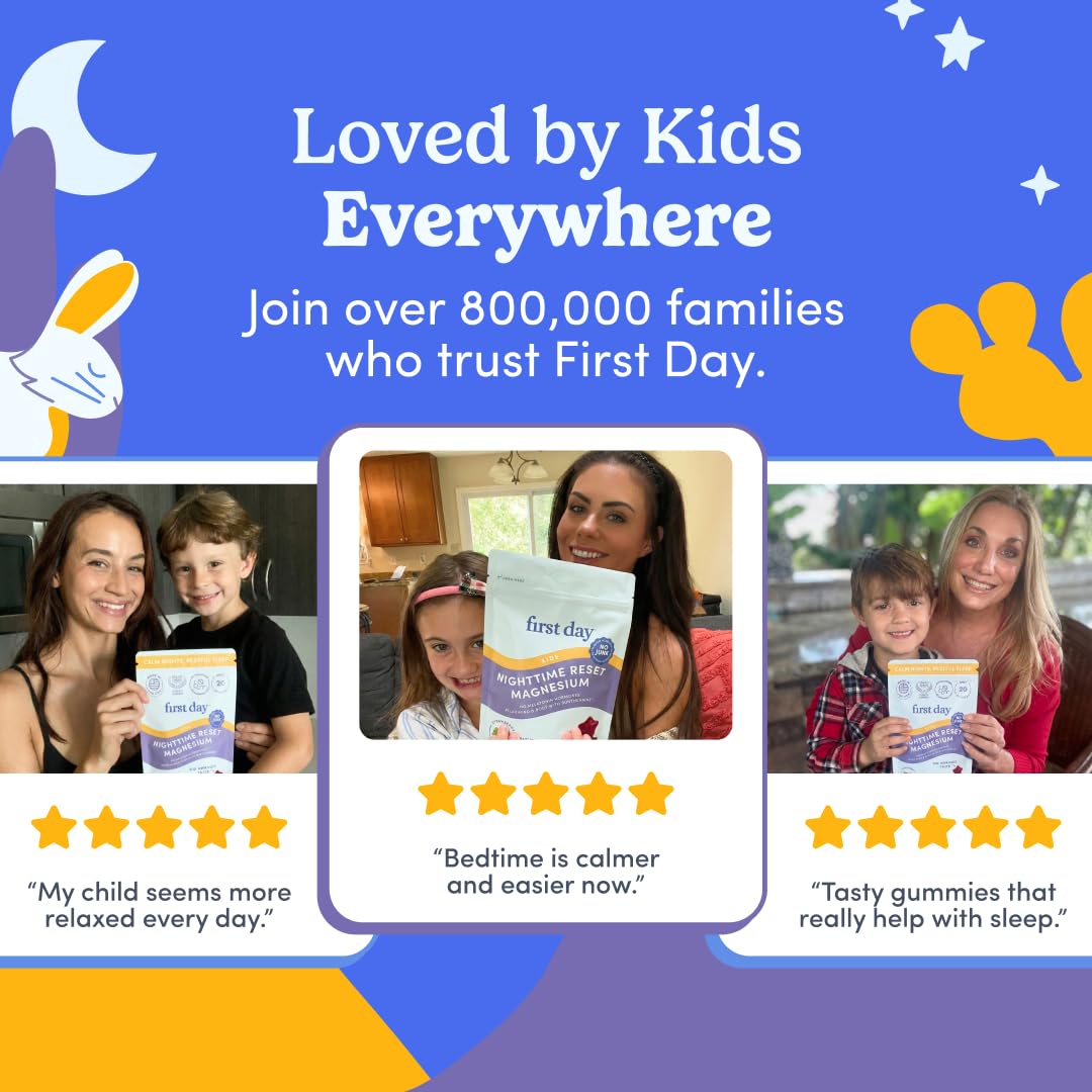 FIRST DAY Kids Magnesium Citrate Gummies (Ages 4+) β No Melatonin, Suntheanine L-Theanine, Strawberry | 30-Day Supply