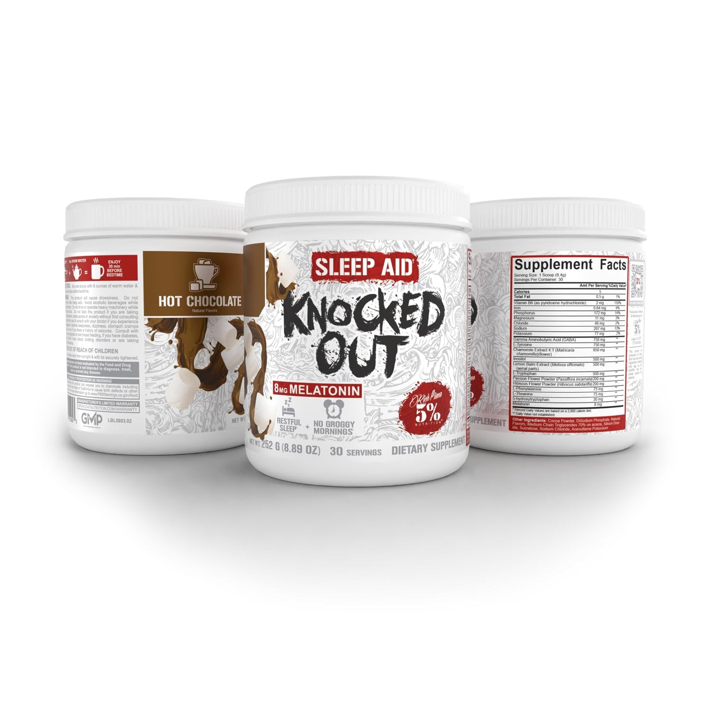 5% Nutrition Rich Piana Knocked Out Sleep Aid β 8.4 oz, 30 Servings (Hot Chocolate)