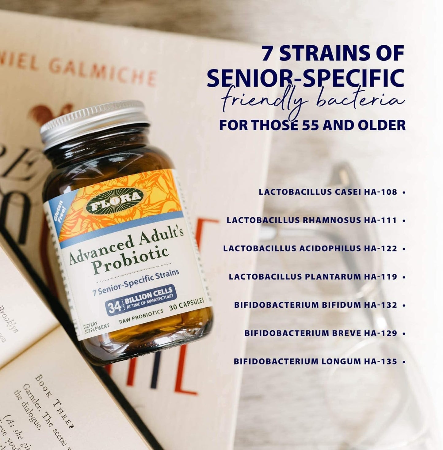 Flora Advanced Adult Probiotic โ 34 Billion CFU, 7 Senior Strains, Gluten Free, 30 Capsules