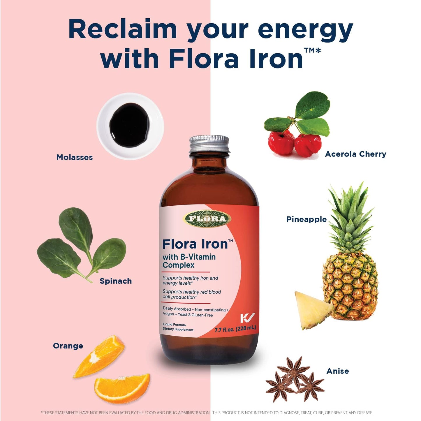 Flora Iron โ Vegan Liquid Iron with B Vitamins for Energy & Red Blood Cell Support (7.7 fl oz)