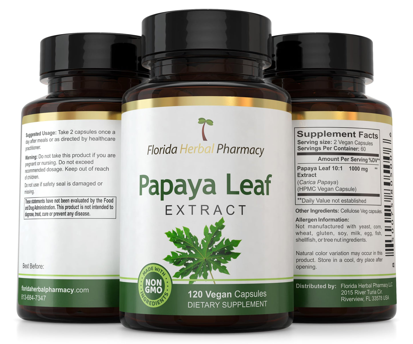 Florida Herbal Pharmacy Papaya Leaf Extract Capsules 10:1 โ 120 Count