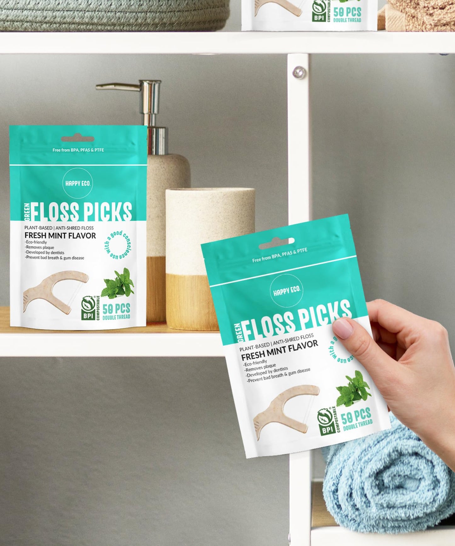 Biodegradable Floss Picks (100pcs) โ Plant-Based, Vegan, Eco Mint