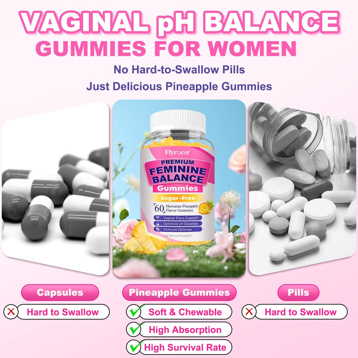 Flyrocer 2 Pack Feminine Balance Gummies โ PH Balance, Gut Health & Immunity | Pineapple 120 Count