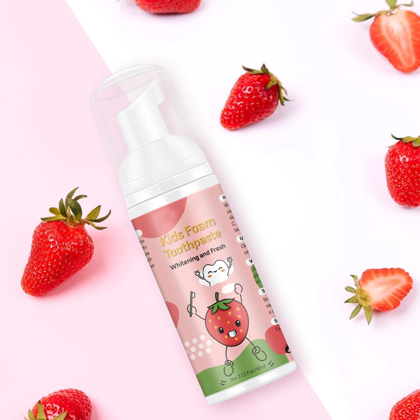 Foam Toothpaste Kids 2PCS โ Strawberry Flavor, 60ml x 2, U-Shape & Electric Toothbrush Compatible