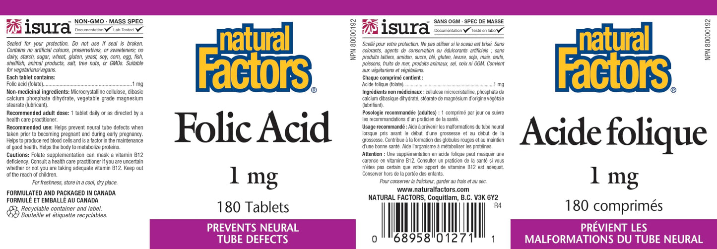 Folic Acid 1mg (180 Tablets) โ Natural Factors | Vitamin B9 Supplement