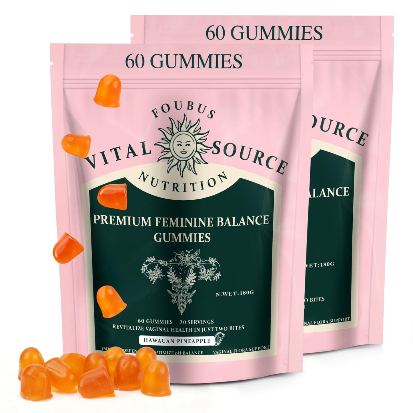 FOUBUS Vital Source Premium Feminine Balance Gummies | 120 Gummies (60 Servings) โ Pineapple, Vegan, Gluten-Free