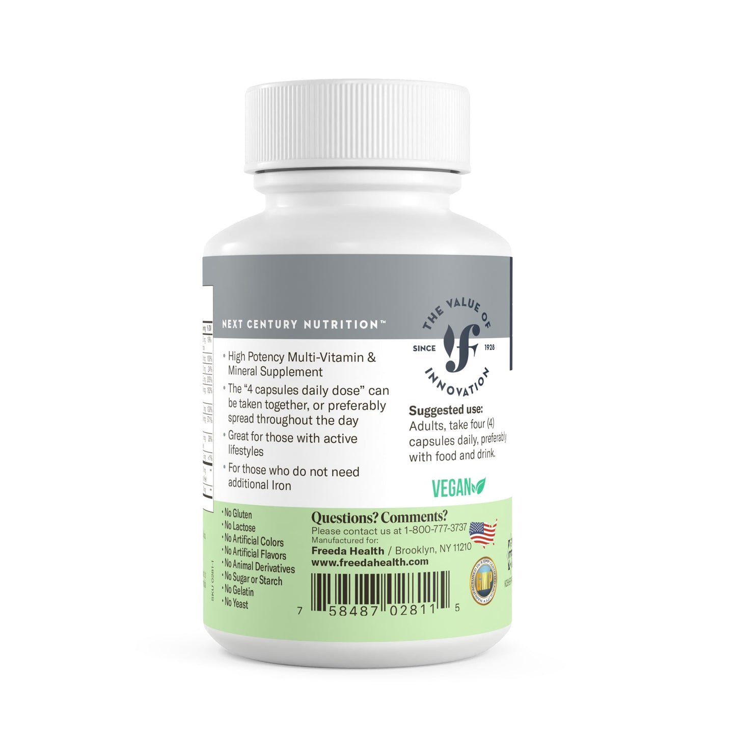 FREEDA Ultra Multivitamin Capsules โ Iron-Free High-Potency Daily Supplement (120 Count) โ Kosher Certified