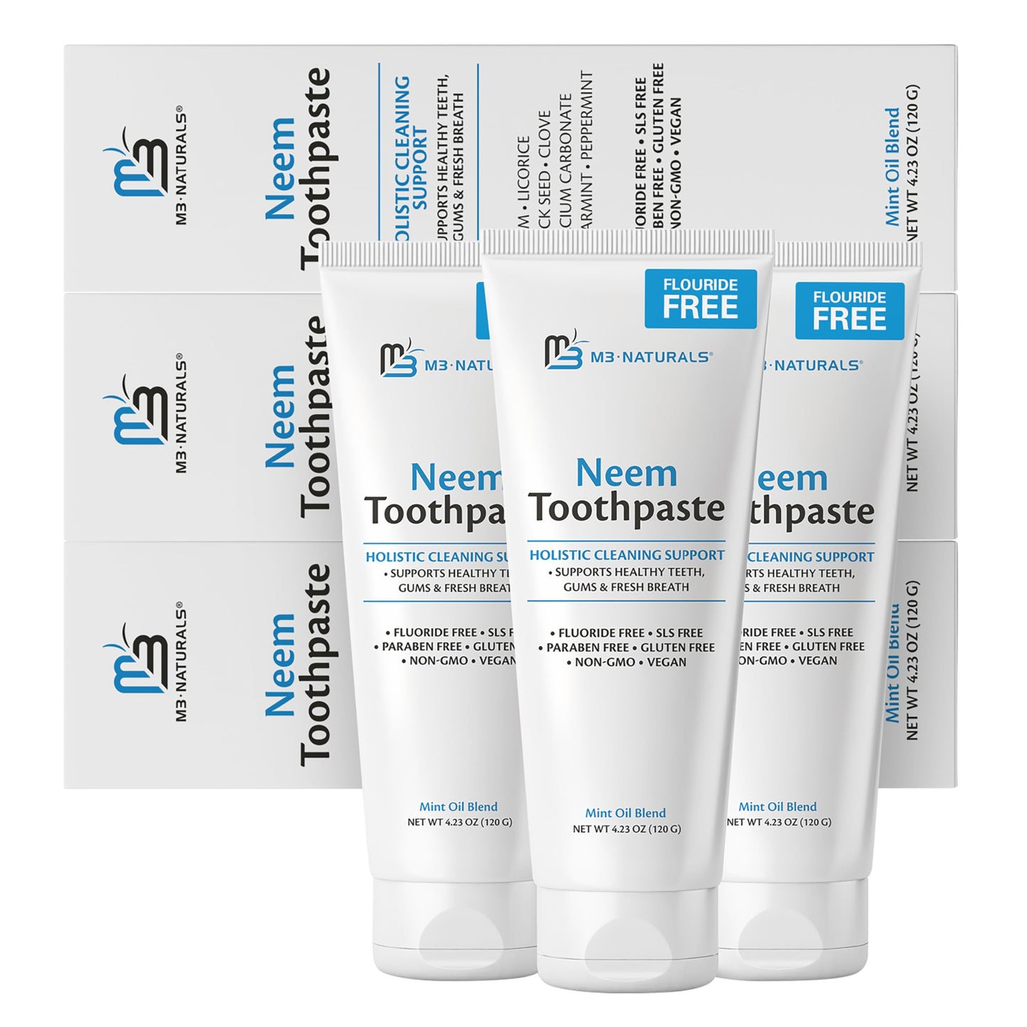 Fluoride-Free Neem Toothpaste with Mint for Adults & Kids โ Vegan, Gluten & SLS Free | 4.23 oz (120 g) Pack of 3 by M3