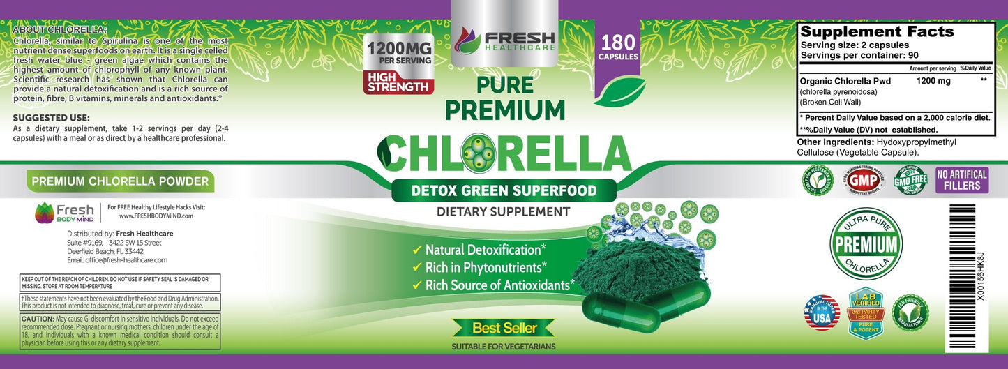 FRESH HEALTHCARE Premium Chlorella Supplement โ 1200mg Vegan Capsules