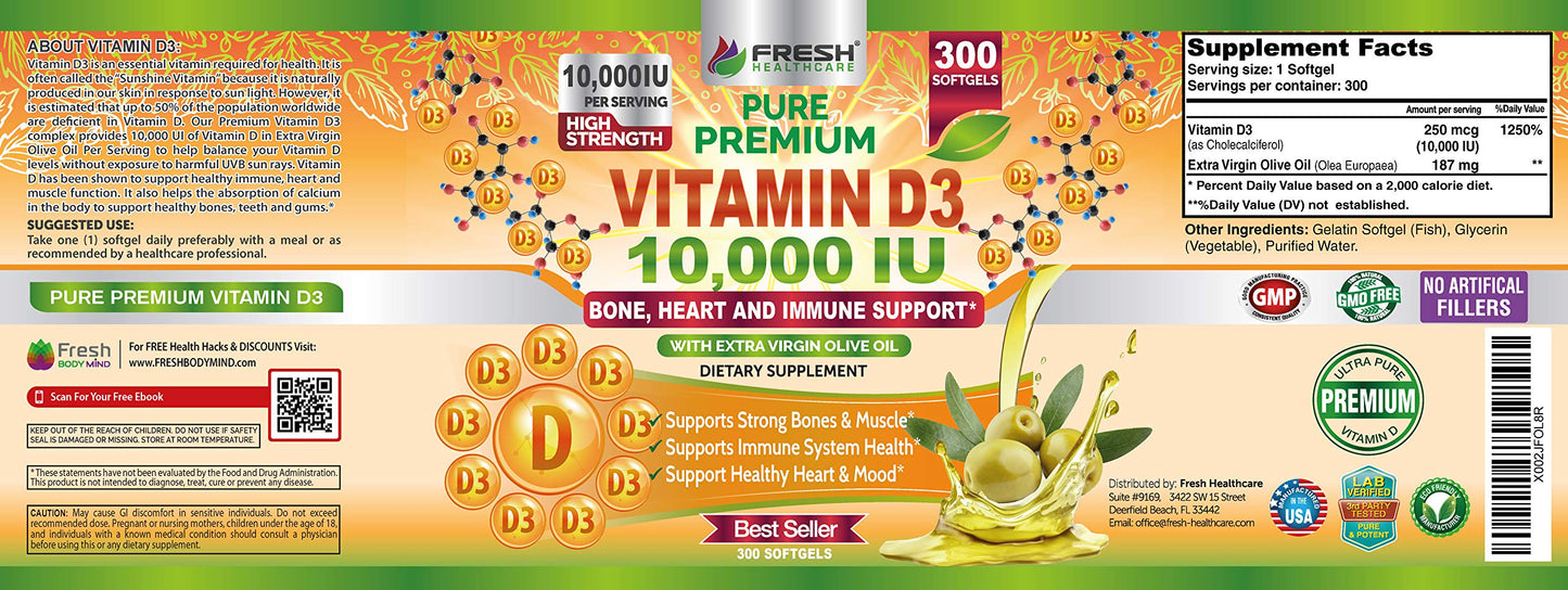 Fresh Healthcare Vitamin D3 10000 IU with Extra Virgin Olive Oil - Immune Support - 300 Softgels