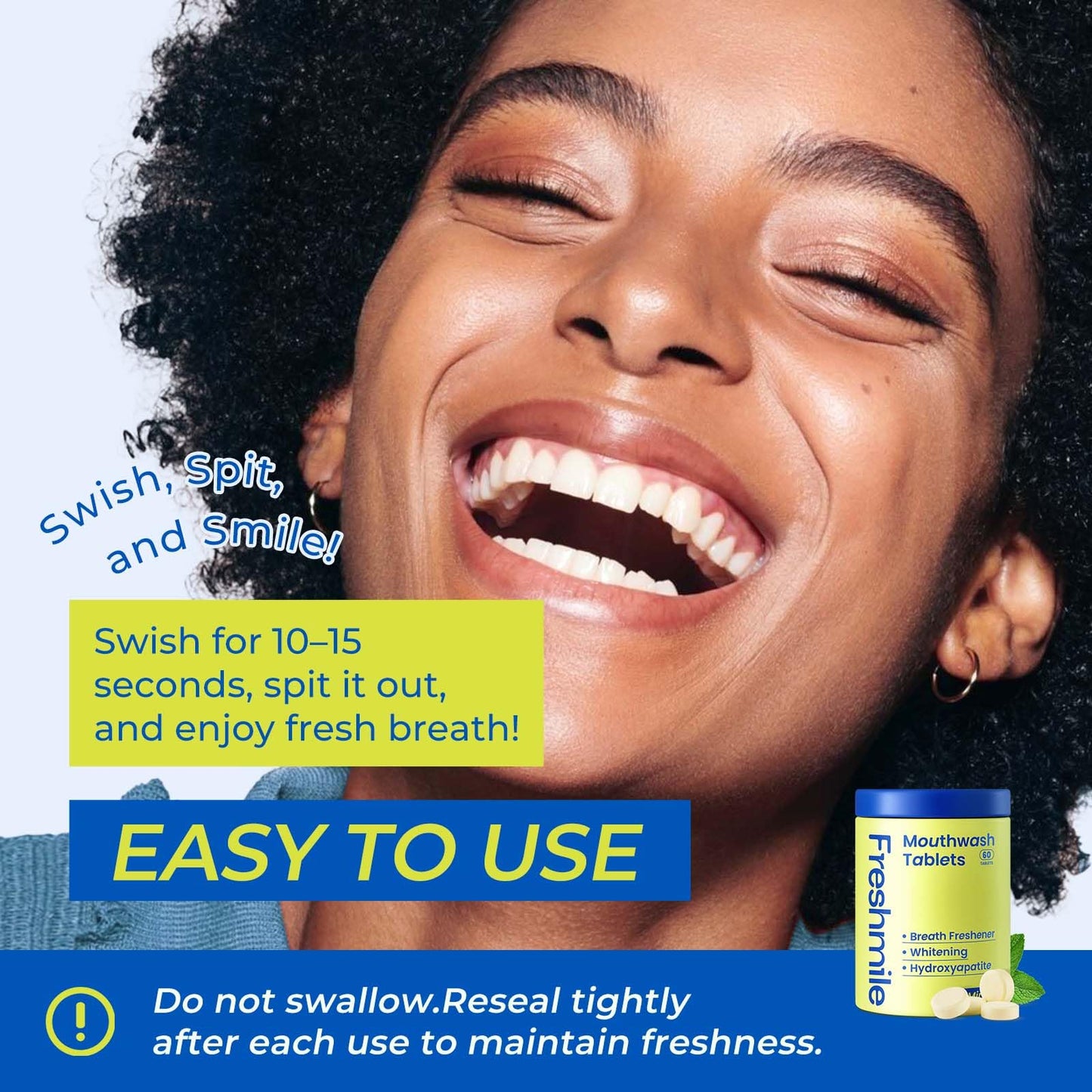 Freshmile Travel Mouthwash Tablets for Smokers โ Fluoride & Alcohol-Free, Mint