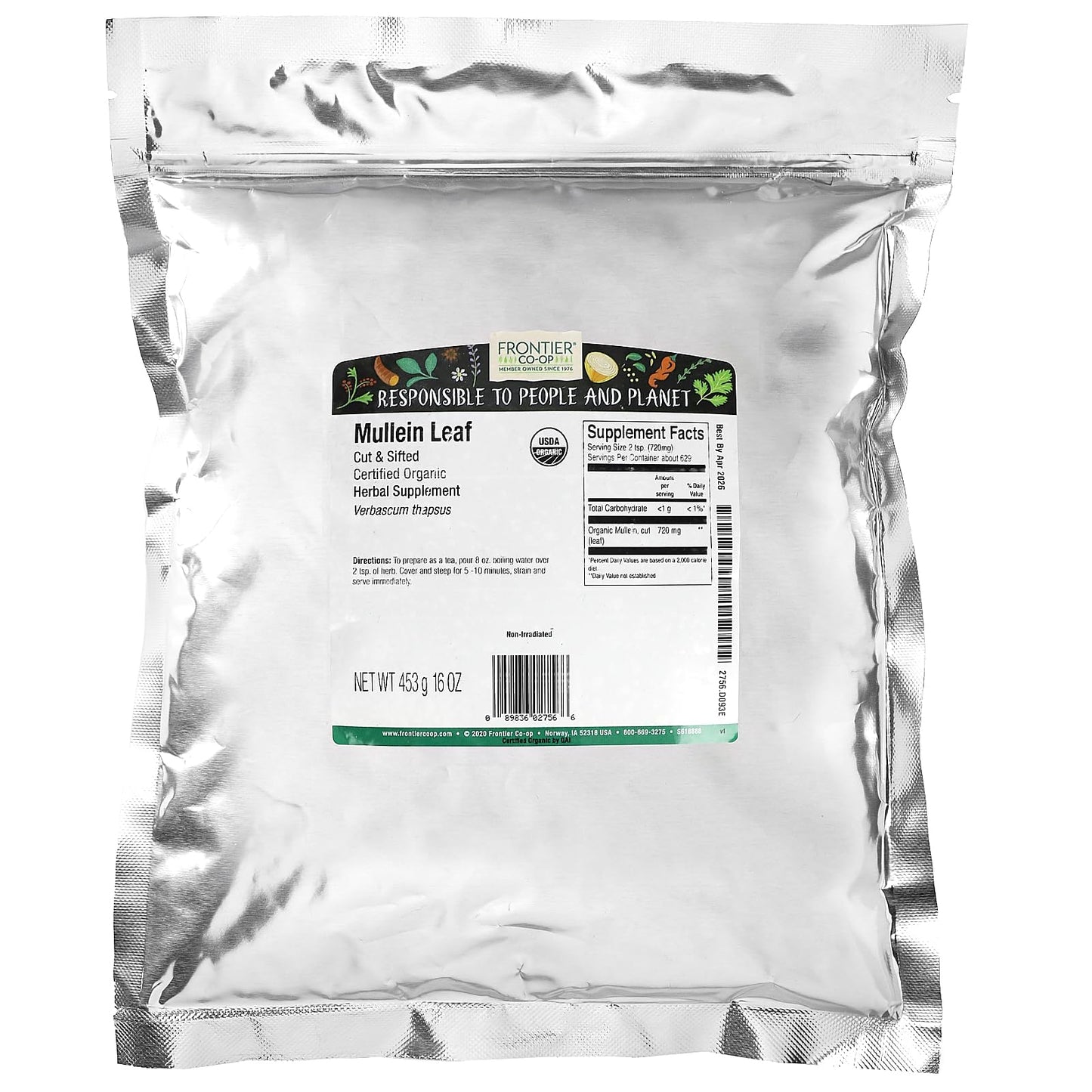 Frontier Organic Mullein Leaf F2756 โ 16 oz | USDA Organic, QAI Certified