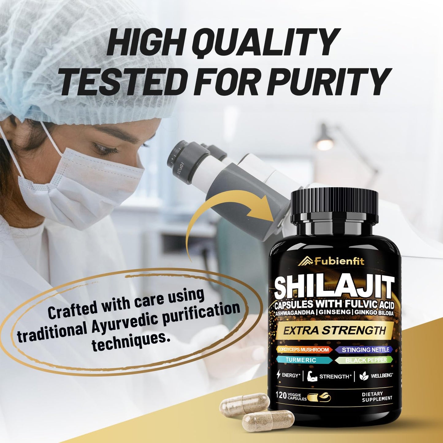 Fubienfit Shilajit Capsules โ Premium Shilajit with Ashwagandha, Ginseng & Fulvic Acid (120 Capsules)